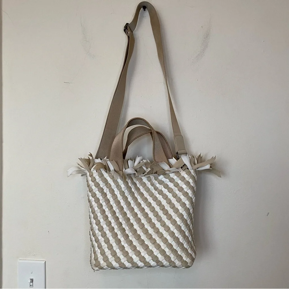 NAGHEDI Havana Small Woven Neoprene Tote Fringe Crossbody Striped Almaza Tan - Picture 14 of 15